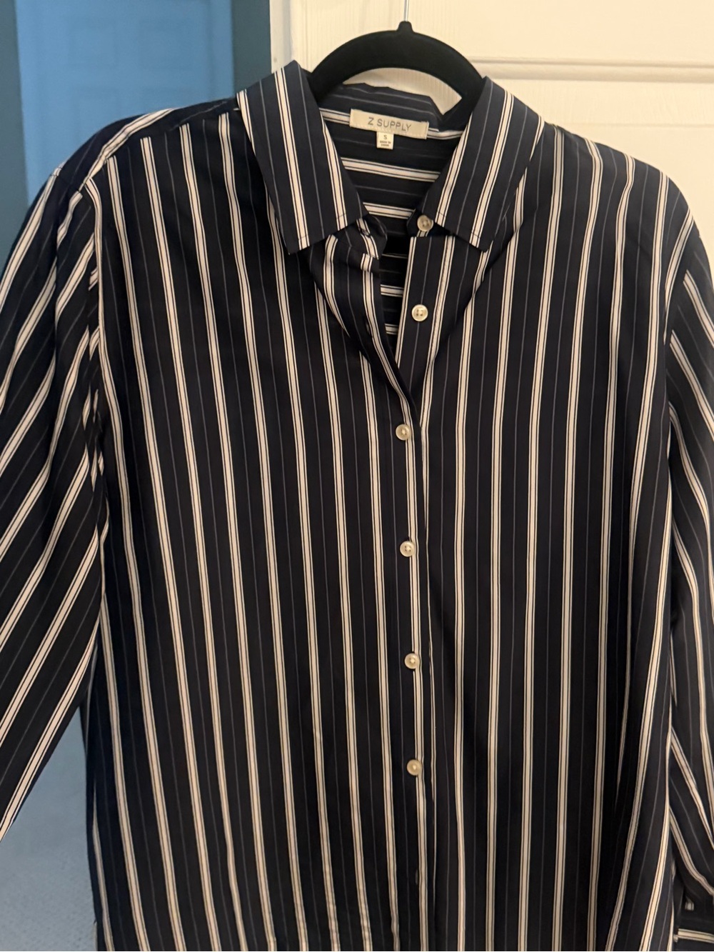 Z Supply Navy and White Striped Collared Shirt